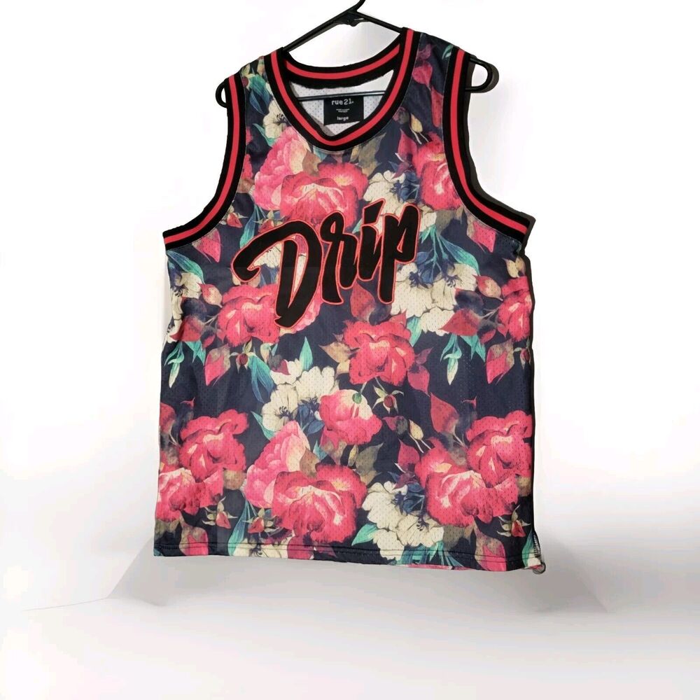Rue 21 Drip Jersey Tank Top Men's Size Large Tropical Vacation Cruisewear Floral